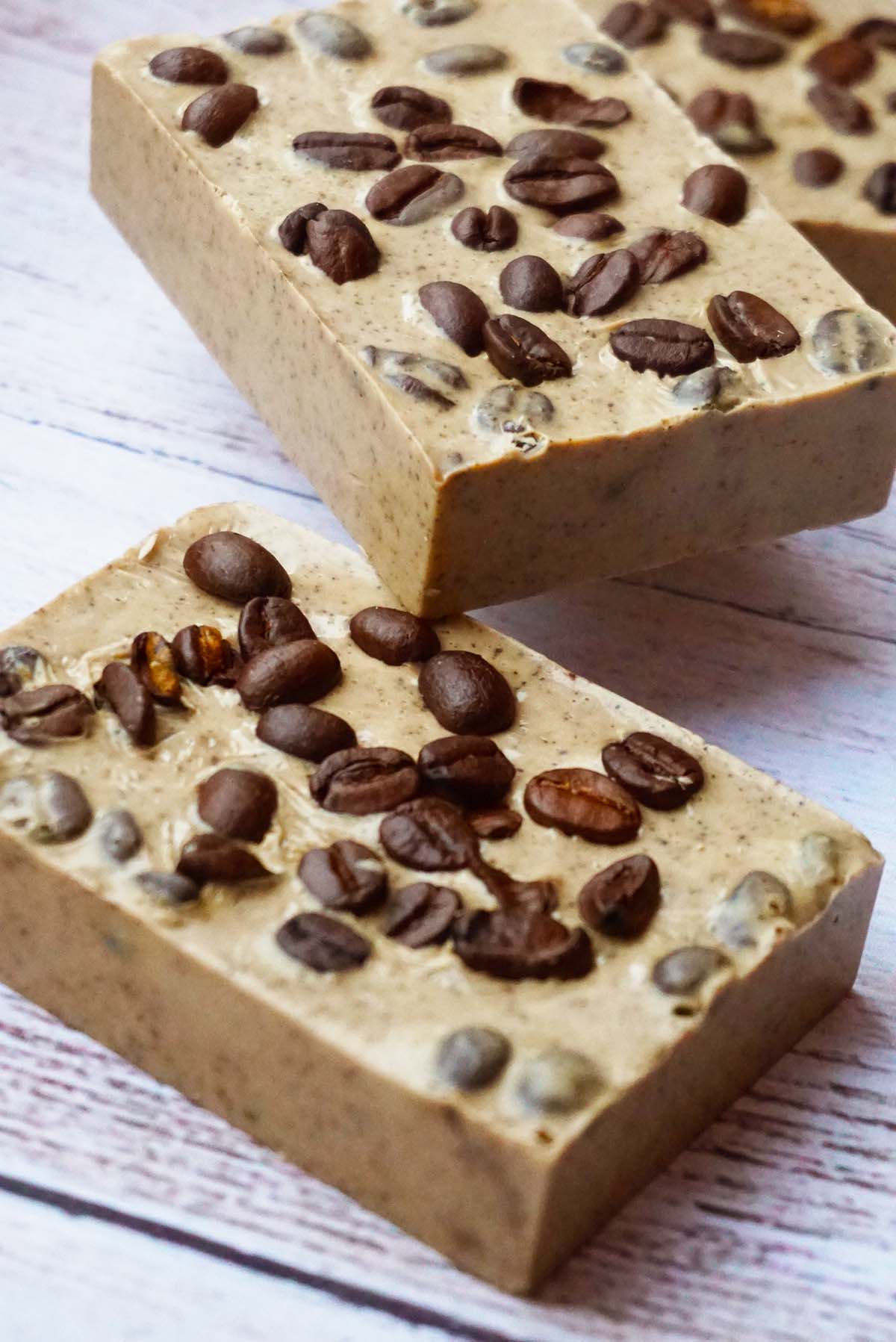 coffee oatmeal soap bars on a table.