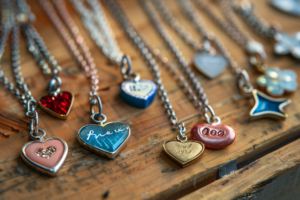 customized necklace pendants on a table.