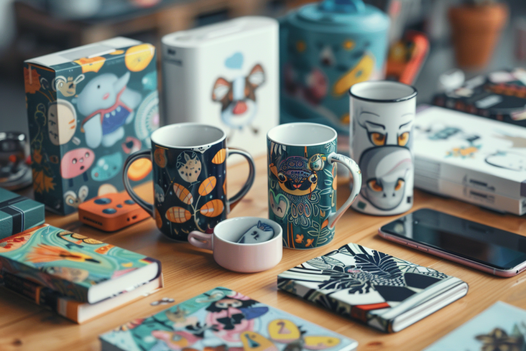 customized mugs, and notebooks on a table.