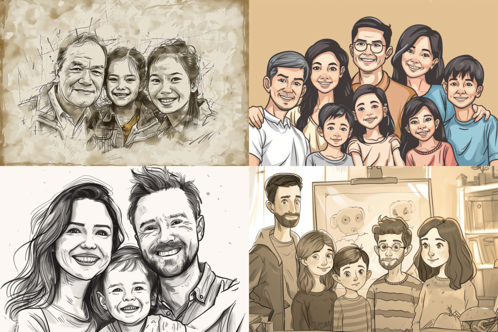 different drawings of family portraits.