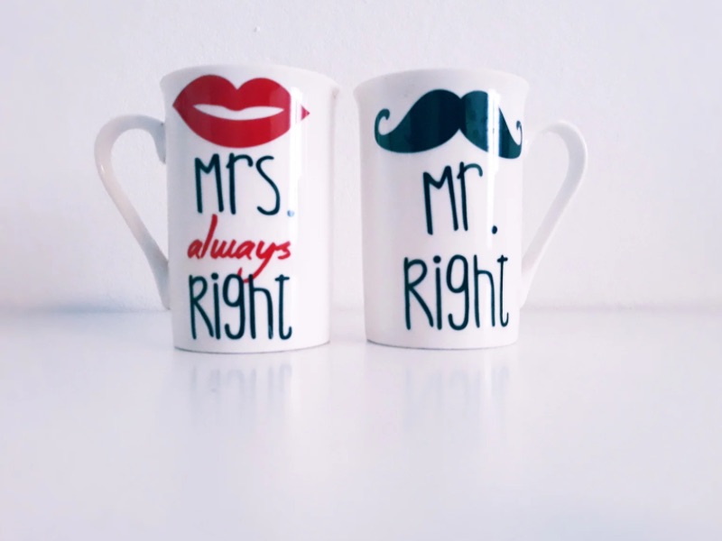 Two mugs with Mr Right and Mrs always right.