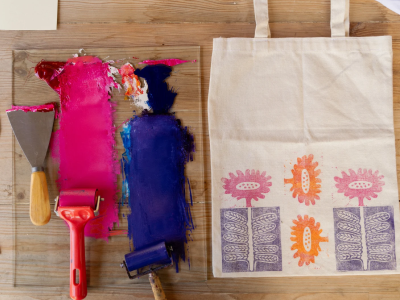 Handmade painted tote bag.