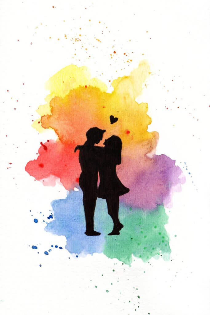 rainbow splash with kissing couple silhouette card.