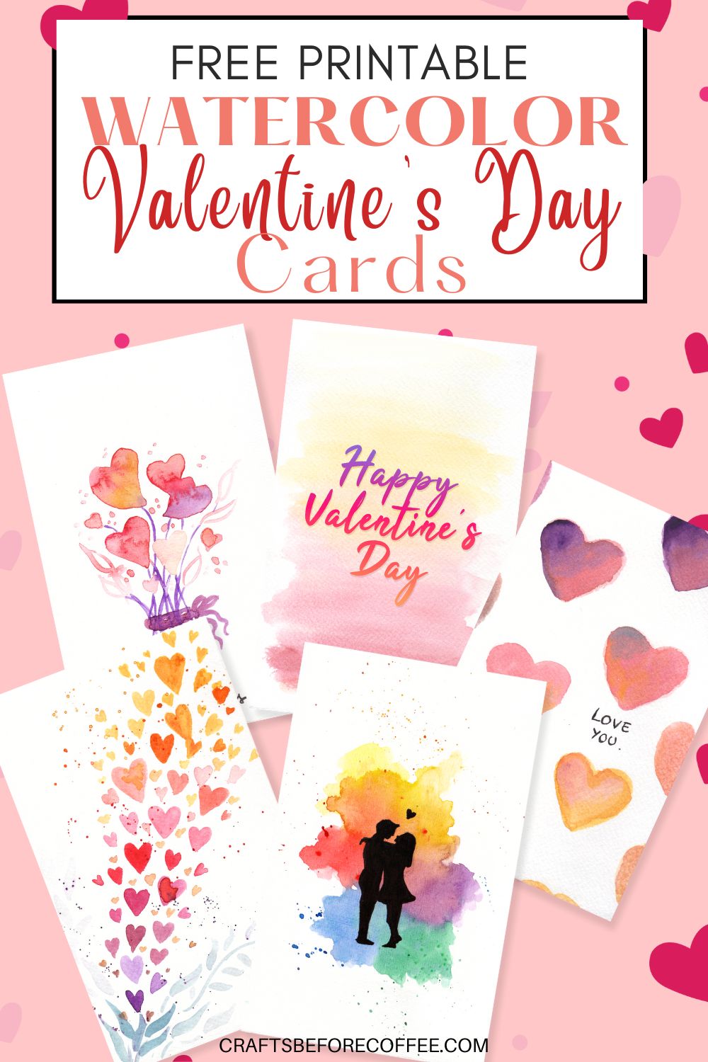 watercolor valentine's day cards on a pink background.