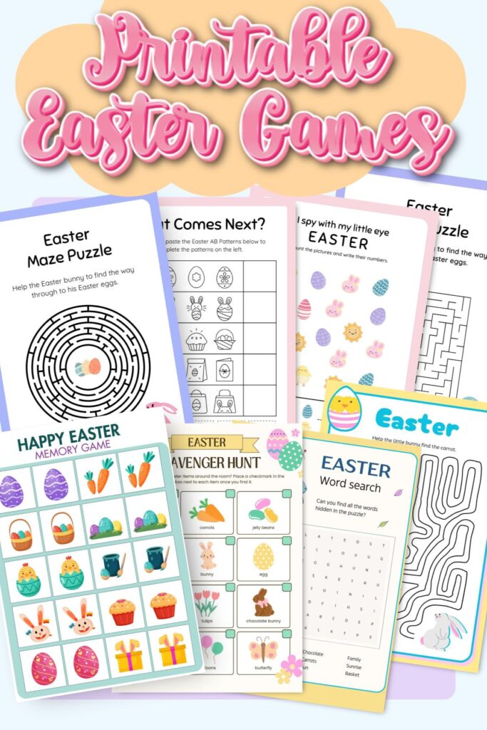 collage of printable easter games for kids.